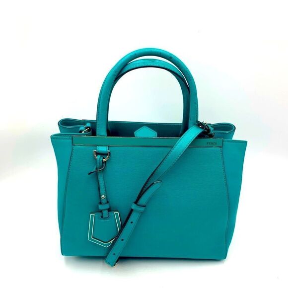 Auth Fendi 2Jours Petit 2way Turquoise Lagoon Saffiano Leather Tote Bag Preloved - Picture 6 of 16